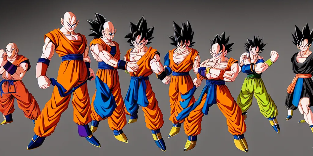 Image similar to Dragonball characters waiting for a fighting tournament to start, unreal 5, hyperrealistic, realistic, photorealistic, dynamic lighting, highly detailed, cinematic landscape, studio landscape, studio lighting