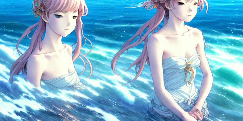 Prompt: the girl and the sea. anime, fantasy, smooth. early morning, digital painting, by hayao miyazaki and rossdraws and artgerm and chie yoshii and detmold and greg rutkowski and alphonse mucha. artstation. beautiful, high quality, stunning, intricate detailed environment. 8 k