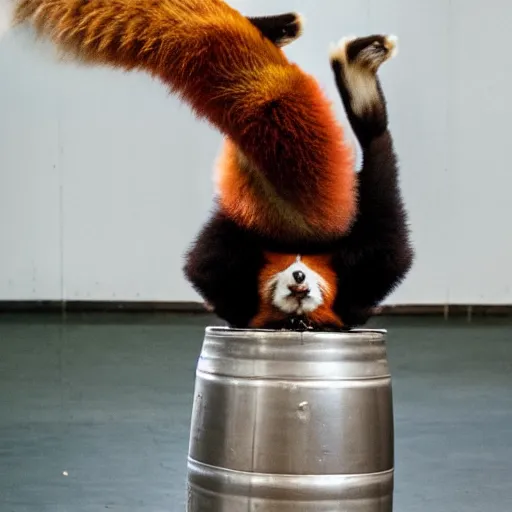 Image similar to a red panda doing a handstand on a keg