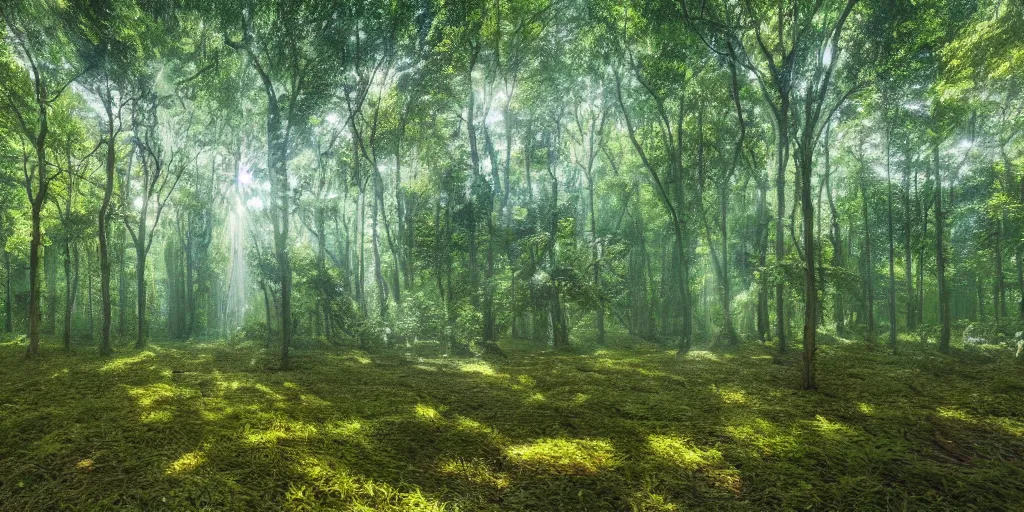 Prompt: immaculate forest with trees spaced as if on a grid between perfectly circular pools of water on the ground, with light flitering through the trees by Studio Ghibli and Salvador Dali, dynamic camera angle, deep 3 point perspective.