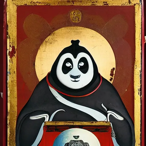 Image similar to a religious icon of kung fu panda with a halo, coal on wood, russia, 1 6 0 0