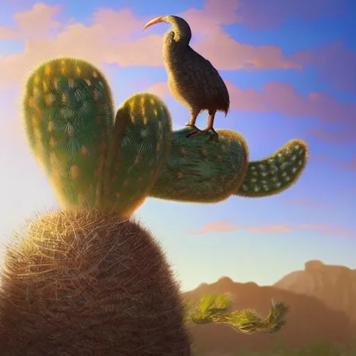 Prompt: A full body dodo bird perched atop a Saguaro cactus in the desert, digital art, trending on Artstation, high detail, sharp focus, illustration, art by artgerm and greg rutkowski and alphonse mucha.