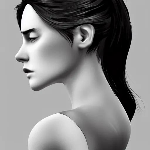 Prompt: profile of a female character, shoulders can be seen, minimal, white tones, turquoise tones, black tones, facing left, trend on artstation, white background - n 4