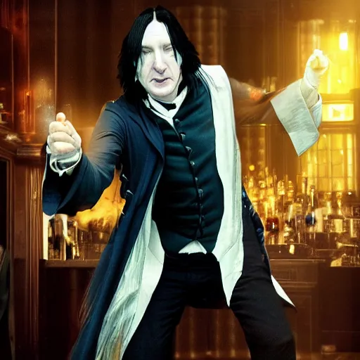 Prompt: Severus Snape dancing in a bar, cyberpunk, full body, realistic, digital art