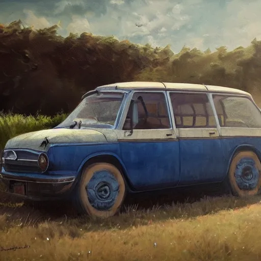 Image similar to weponized family car in toscany plains, artstation, fine art, oil painting, very detailed, very realistic