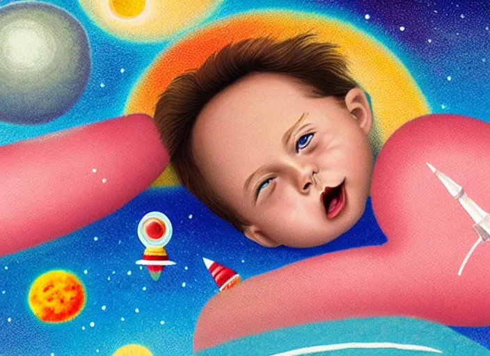 Prompt: toddler elon musk lying on a shaggy rug playing with his space rockets, realistic materials, beautiful soft lighting, mark ryden