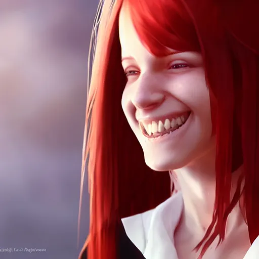 Image similar to a red haired girl with an eyepatch smiling, digital art, 8 k resolution, unreal engine, highly detailed, pretty face, very beautiful face, sharp teeth, curvy teeth, very detailed eyes, photorealistic by wlop, greg rutkowski