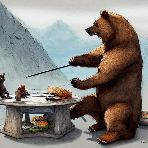 Image similar to bear eating sushi with chopsticks, a detailed matte painting by anton pieck, deviantart contest winner, fantasy art, concept art, official art, matte drawing