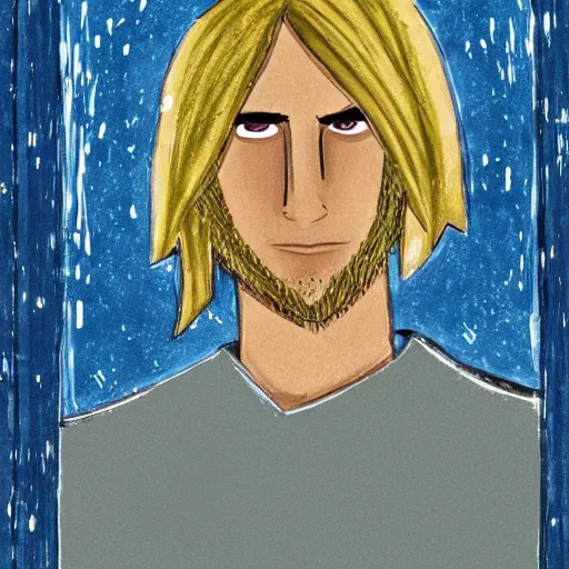 Prompt: A stain glassed window of a handsome knight with blonde hair and blue eyes crying