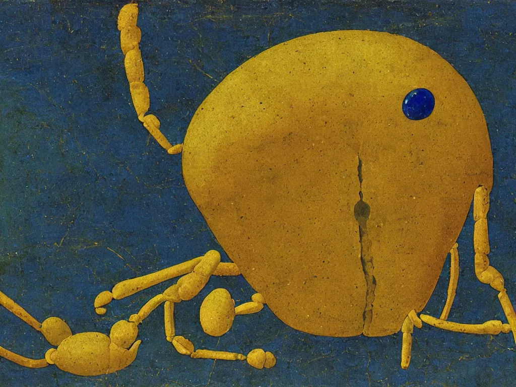 Prompt: close up of an exotic beetle. lapis lazuli, jasper, jade, gold. painting by piero della francesca, balthus, agnes pelton