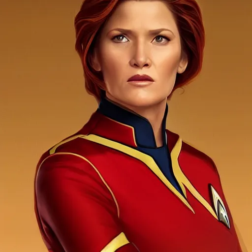 Image similar to ultra realistic illustration, bella! thorne! as captain janeway wearing star trek red uniform, intricate, elegant, highly detailed, digital painting, artstation, concept art, smooth, sharp focus, illustration, art by artgerm and greg rutkowski and alphonse mucha