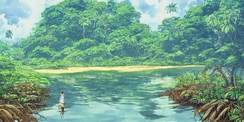 Image similar to sri lankan river in a jungle, drawn by hayao miyazaki