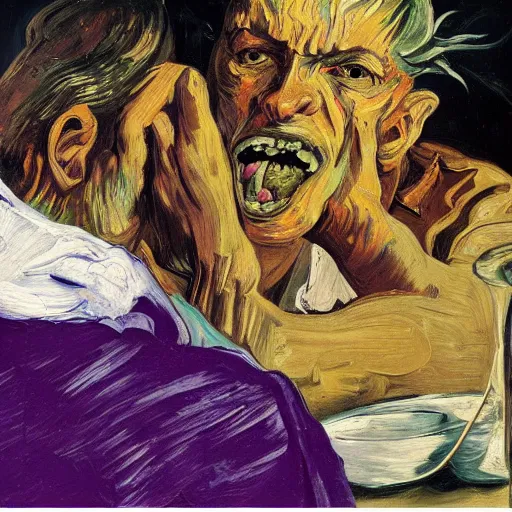 Prompt: high quality high detail expressionist painting of a man in agony by lucian freud and jenny saville and francis bacon and francisco goya and vincent van gogh, hd, anxiety, seated at table with friend in a living room crying and screaming, turquoise and purple and orange and pink