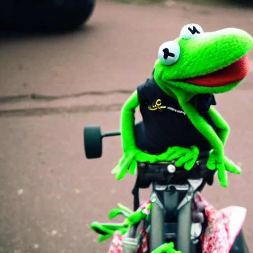 Image similar to DSLR photo of Kermit the Frog riding a pig