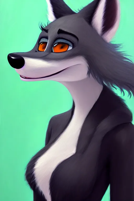 Image similar to oil painting of anthromorphic female wolf, in style of zootopia, female fursona, furry, furaffinity, 4 k, deviantart, furry art, fursona art, wearing black business suit, business suit, wolf fursona, female, very expressive detailed feminine face,