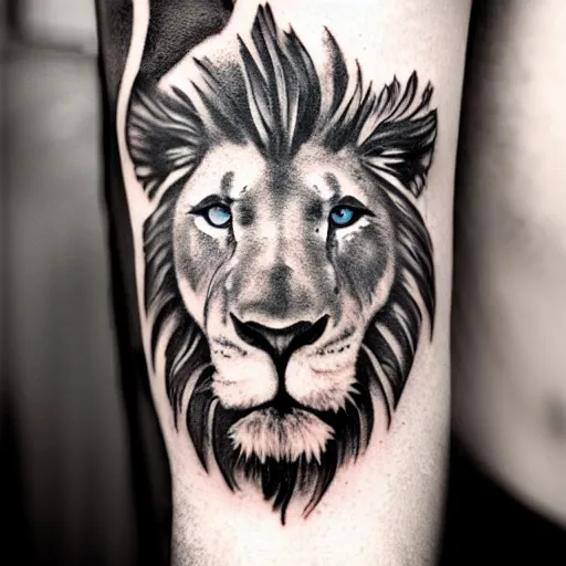 Image similar to black and white tattoo of a lions head with blue eyes and shadows