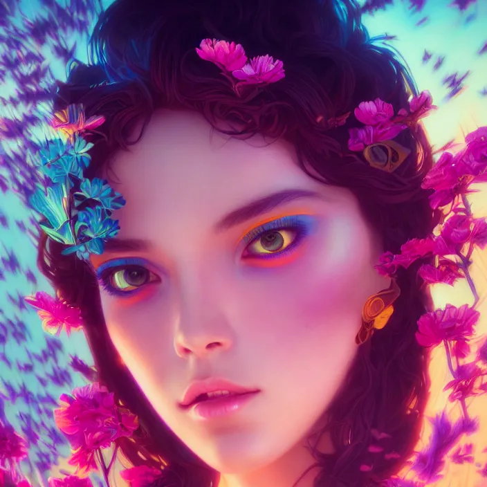 Image similar to young beautiful woman, gorgeous face, vaporwave aesthetic, synthwave, colorful, psychedelic, artstation, flowers, bees, concept art, smooth, extremely sharp detail, finely tuned detail, 8 k, unreal engine 5, ultra sharp focus, illustration, art by artgerm and greg rutkowski and alphonse mucha