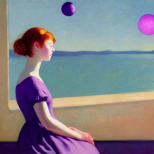 Image similar to a girl with three eyes on 5 translucent luminous spheres, full of floral and berry fillings, in an ocean of lavender color by edward hopper