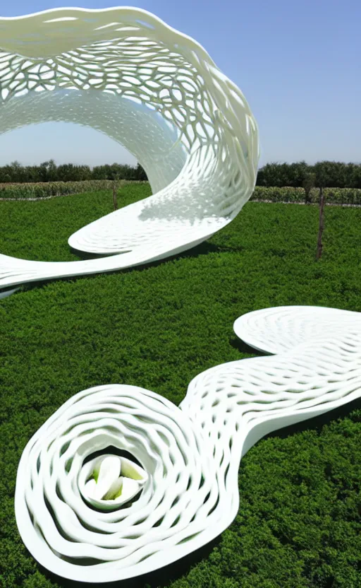 Image similar to elegant white art 3 d printed parametric installation with playful surreal tall lemon groves, beautiful sunny day, fluidity, vincent callebaut, mamou - mani, innovative voronoi pavilion with huge white magnolias above