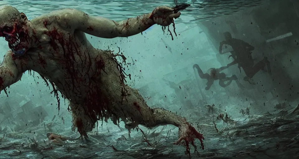 Image similar to highly detailed full body portrait of a zombie swimming underwater in a zombie - apocalypse, in a swimming pool, by greg rutkowski, octane render