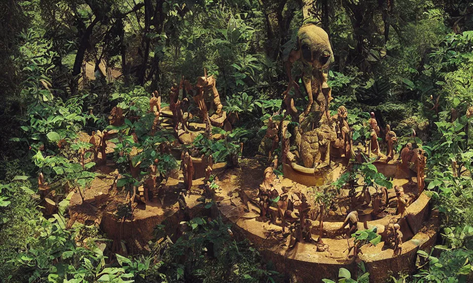 Prompt: digital art, birds eye view of tiny people on top a massive roman sculpture a beautiful massive female statue in the forest, by syd mead, syd mead color scheme, sci - fi, arik roper, kirby krackle, concept art