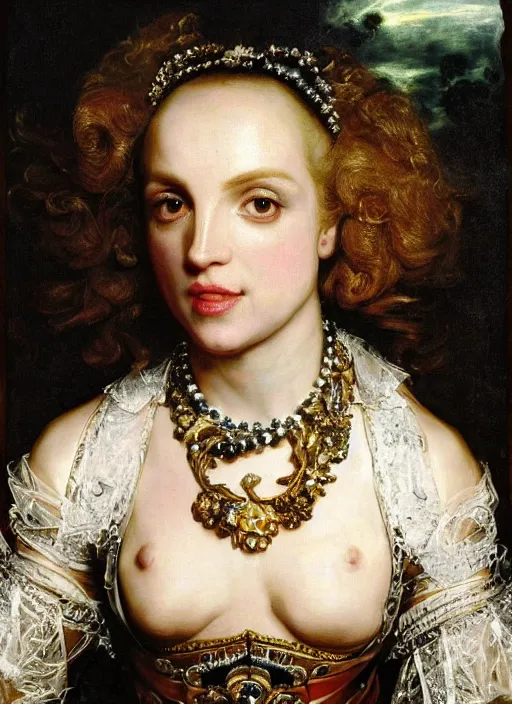 Image similar to , , britney spears ,, Dramatic, Edge, Good, Infused, Backlight, De-Noise, VFX, insanely detailed and intricate, hypermaximalist, facial ,elegant, ornate, hyper realistic, super detailed, by Anthony Van Dyck, by Ivan Shishkin, by John Constable