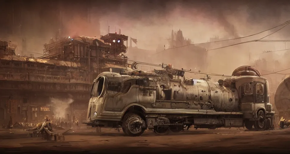 Image similar to a highly detailed epic cinematic concept art CG render digital painting artwork scene: retrofuturistic 1920s cyberpunk steampunk soviet truck inspired by a locomotive emitting smoke. By Greg Rutkowski, Ilya Kuvshinov, WLOP, Stanley Artgerm Lau, Ruan Jia and Fenghua Zhong, trending on ArtStation, made in Maya, Blender and Photoshop, octane render, excellent composition, cinematic dystopian brutalist atmosphere, dynamic dramatic cinematic lighting, aesthetic, very inspirational, arthouse