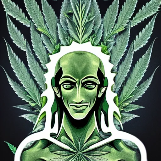 Image similar to the embodiment of cannabis, the incarnation of cannabis, the avatar of cannabis, the face of cannabis, the human form of cannabis