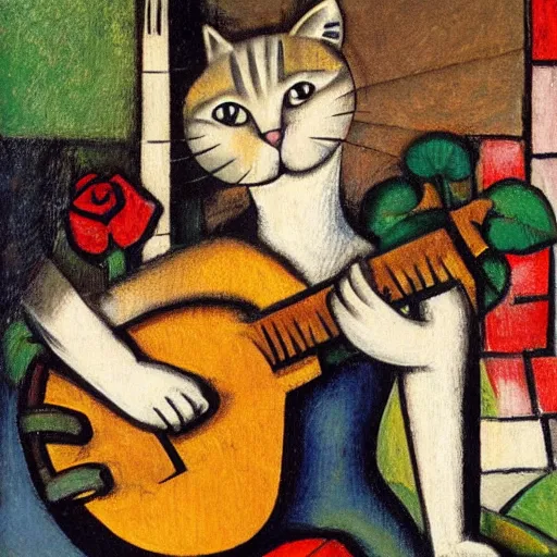 Prompt: cat with lute, sitting in the rose garden, medieval portrait, cubism, close up