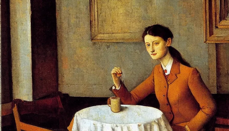 Image similar to painting by balthus, young woman in cafe, detailed, stunning