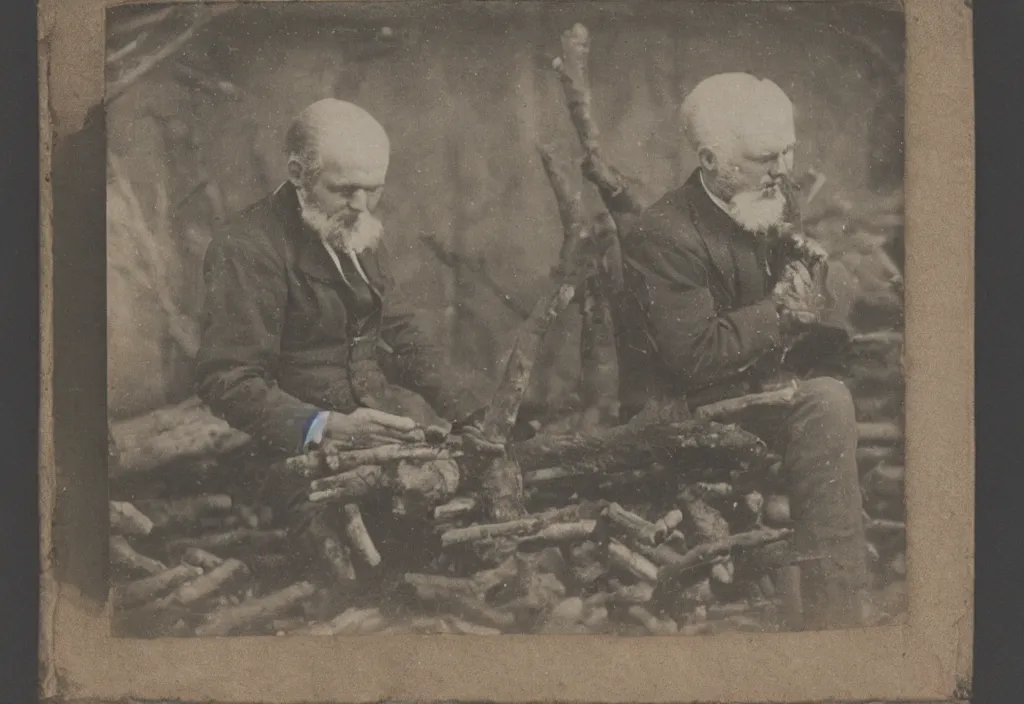 Image similar to late 1 8 0 0 s daugerrotype photograph portrait of a rugged man building a log cabin