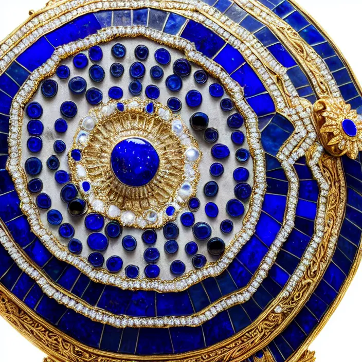 Prompt: photograph of a real-life lapis lazuli shield with jewels. Extremely detailed. 8k