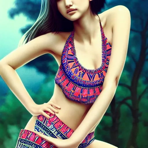 Prompt: a beautiful young japanese natalie portman alluring gravure model, wearing elegant designer tank top, elegant tank top with mesoamerican patterns, by wlop and ilya kuvshinov and artgerm and, aesthetic, gorgeous, stunning, alluring, attractive, artstation, deviantart, pinterest, digital art