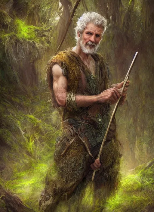 Image similar to a relaxed male middle aged druid in a sleeveless west, short brown hair, stringy, wielding a long staff which is covered in moss, full body, 8 k, hyperrealistic, hyperdetailed, fantasy portrait by laura sava