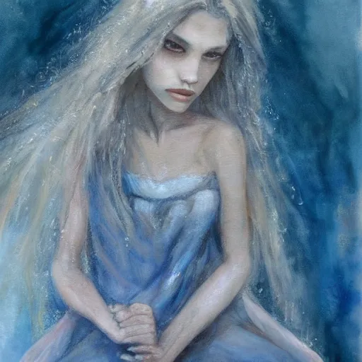 Image similar to painting in the style of lois royo of a single young girl, alone, with no one else around, sitting alone on her throne, drinking coffee. she has long dark hair, blue eyes, two arms, two legs, one torso and one head.