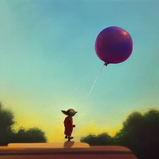 Image similar to eye - level view, shot from 5 0 feet distance, baby yoda plays on a seesaw at the city park. a balloon vender in the background. dramatic clouds, setting sun. golden hour, oil on canvas painting, detailed, depth, volume, chiaroscuro, quiet intensity, serene.