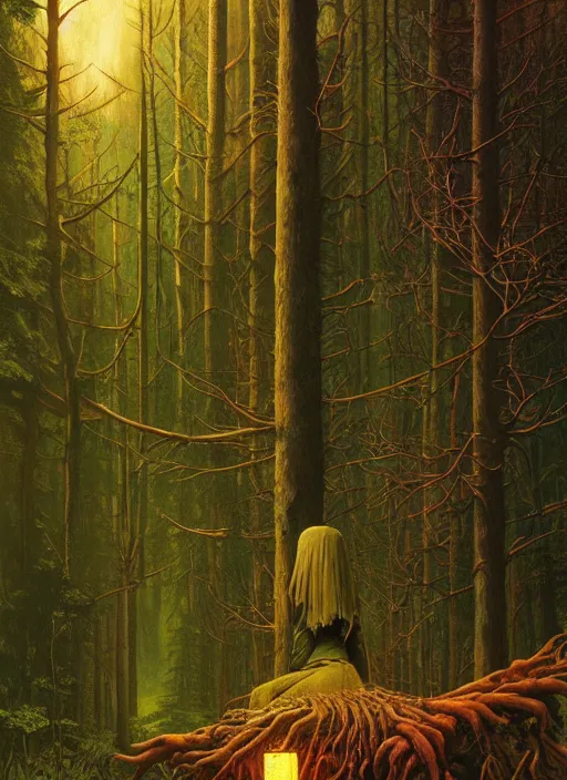 Image similar to hyper realistic witch modem with mood lighting and tech in the woods gorgeous lighting, blue sky, highly detailed, lush forest foliage painting by zdzisław beksinski and norman rockwell and greg rutkowskiweta studio, and lucasfilm