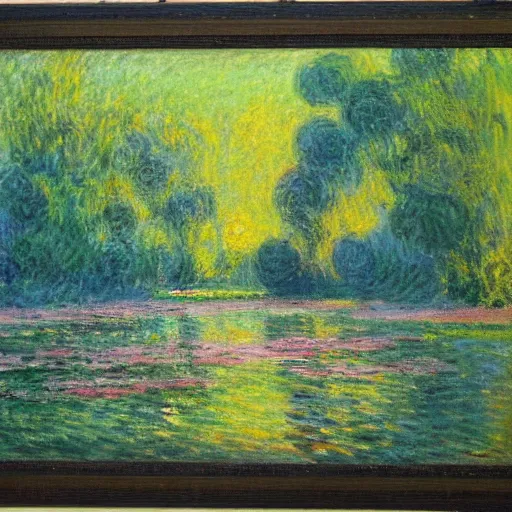 Prompt: impressionistic oil painting, monet, trees and river in the early evening, pastels