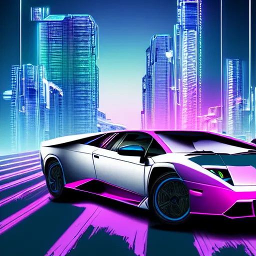 Prompt: epic professional digital art of photorealistic synthwave lamborghini murcielago driving through neon cyberpunk futuristic city towers, mountains in background, detailed, intricate, sporty