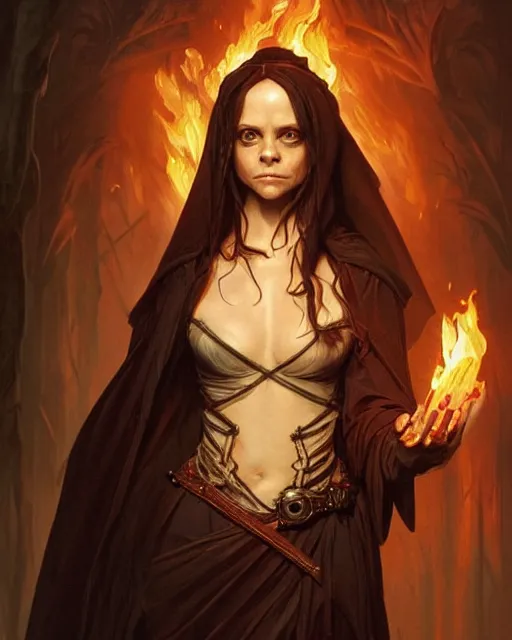 Image similar to Christina Ricci from Sleepy Hollow (1999) casting a fire spell, D&D, fantasy, intricate, elegant, highly detailed, digital painting, artstation, concept art, matte, sharp focus, illustration, hearthstone, art by Artgerm and Greg Rutkowski and Alphonse Mucha