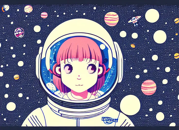 Image similar to portrait of a young astronaut girl floating inside a spacestation,ink stippling, Karolis Strautniekas,omoide emanon, tsuruta kenji, murata range,kawaii, kyoto animation, manga, intricate, detailed, studio lighting, gradation,editorial illustration, matte print, Ilya Kuvshinov