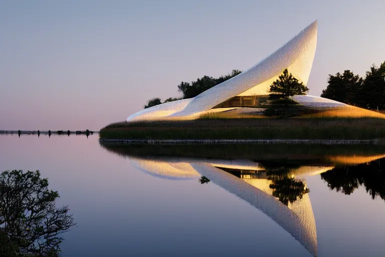 Prompt: a building formed by many multi - white eggshell shapes arranged and combined in space. on the calm lake, people's perspective modern curved architecture, future, award winning, highly detailed 4 k art, dusk, by kazuyo sejima