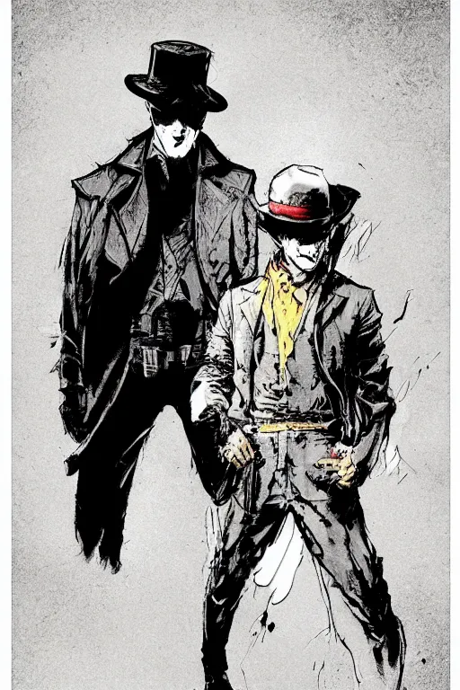 Image similar to Rorschach and The Comedian aka Edward Morgan Blake from the movie Watchmen painted by Dave Gibbons, Greg Rutkowski and Norman Rockwell, Sadamoto Yoshiyuki, Yoki Shinkawa, high detailed perfect faces, trending on Artstation, page scan from book, watchmen comics color scheme, noisy film grain effect, super wide shot, 30mm, intricate, fine details, trending on artstation