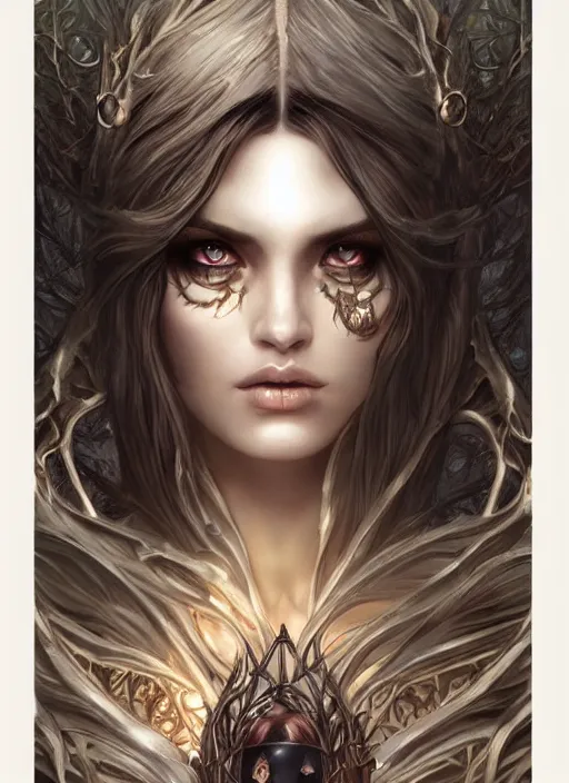 Image similar to a highly detailed symmetrical painting of a female fantasy mage with piercing beautiful eyes in dark dead forest setting, trending on artstation, art by artgerm and karol bak and mark brooks