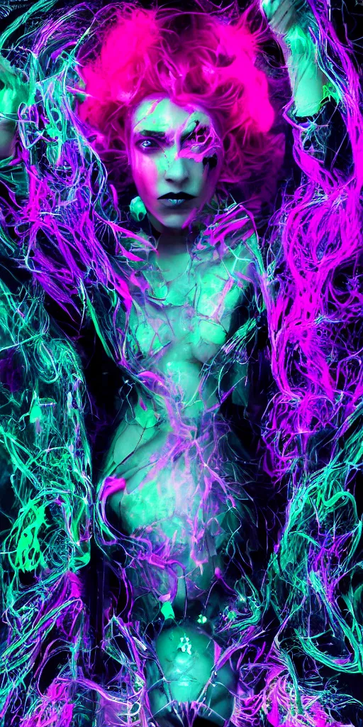 Prompt: impossibly beautiful witch hypnotizing her enemies with dark magic, intricate complexity, psychedelic glitch art, neon paint drip, inverted color scheme, trending on art station, photoreal, 8 k, octane render