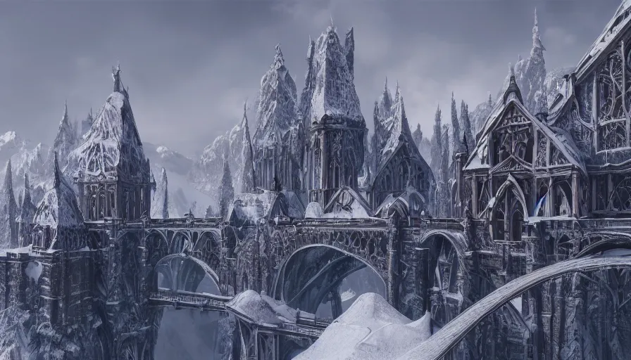 Prompt: Neo-Gothic built in snowy mountains connected by bridges, hyperdetailed, artstation, cgsociety, 8k