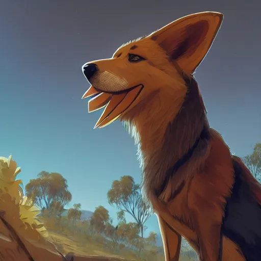 Image similar to stylized three quarters portrait concept art of the anthro anthropomorphic dingo dog head animal person fursona wearing clothes adventurer standing in australia outback, hidari, color page, tankoban, 4 k, tone mapping, akihiko yoshida, clean bright happy