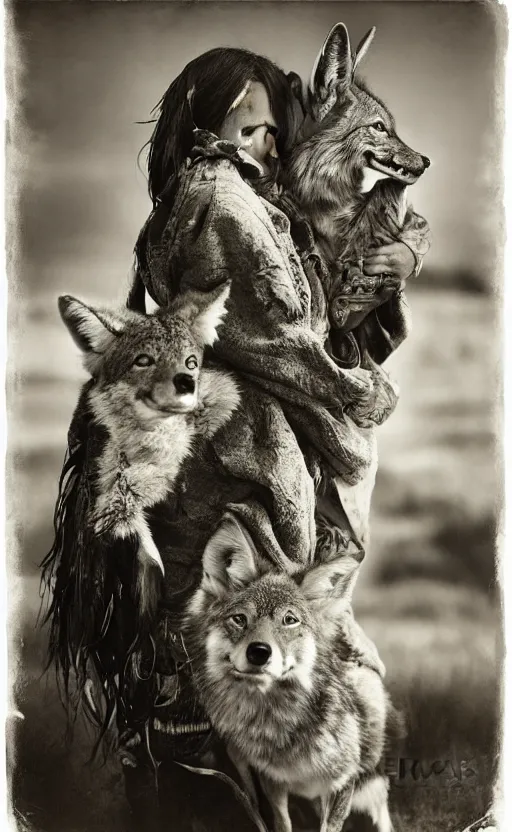 Image similar to Award winning Editorial photo of a Iroquois Native petting a wild coyote by Edward Sherriff Curtis and Lee Jeffries, 85mm ND 5, perfect lighting, gelatin silver process