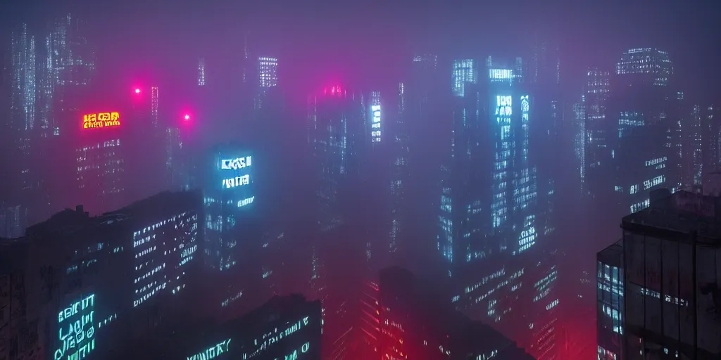 Image similar to eerie fog, giant illuminated advert screens, megacity streets seen from above, neon signs, blade runner, ex machina