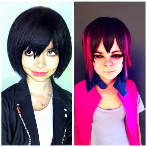 Image similar to kris from deltarune and lucy loud comparing hairstyles, bemused by each other, anime style